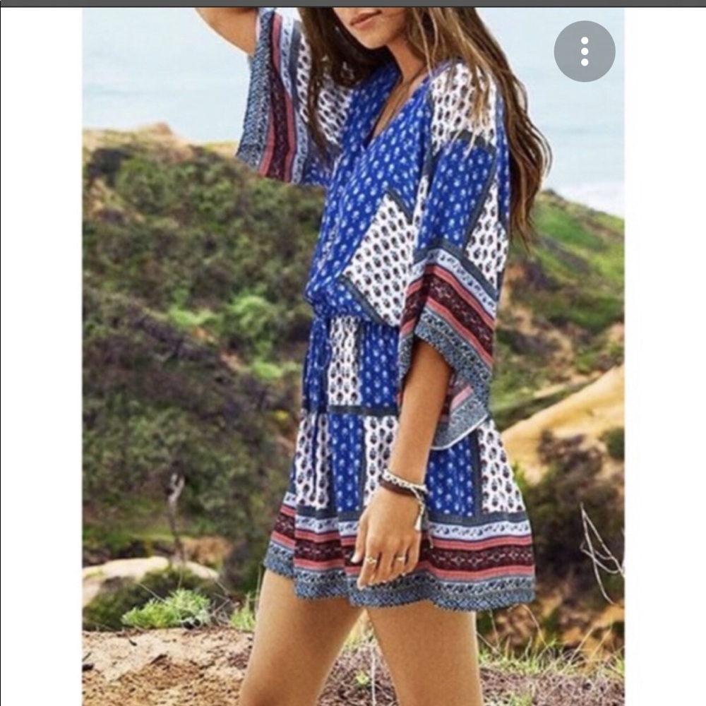 American Eagle Size Small Blue Patchwork Boho Cinched Waist Belted Dress